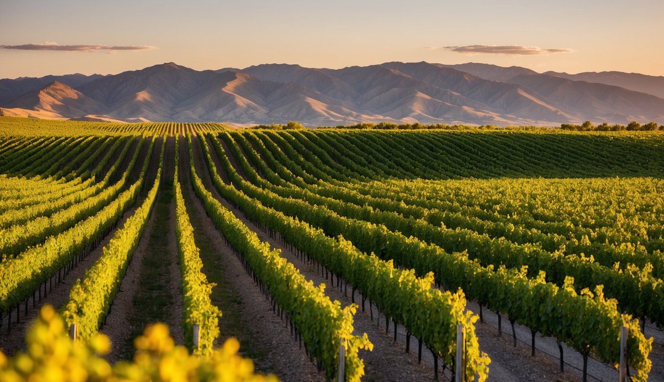 Rolling vineyard hills in Nevada, with rows of grapevines stretching across the landscape. A warm sun sets over the mountains, casting a golden glow on the lush wine regions