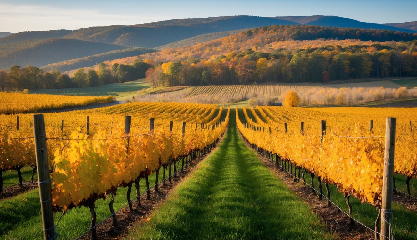 Vineyard with autumn foliage, rolling hills, and grapevines in New Hampshire