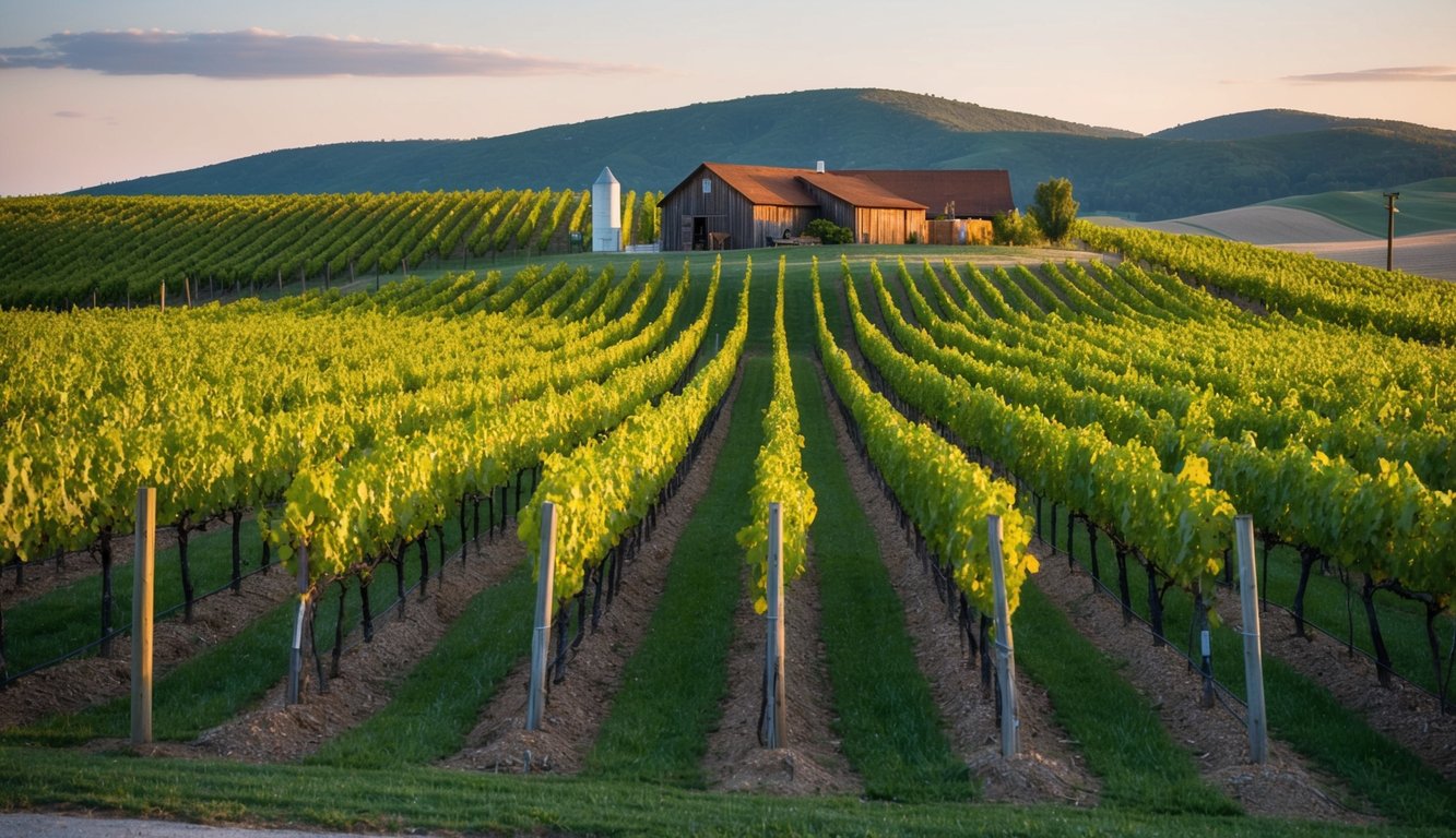 Vineyard with rows of grapevines, rolling hills, and a rustic winery building