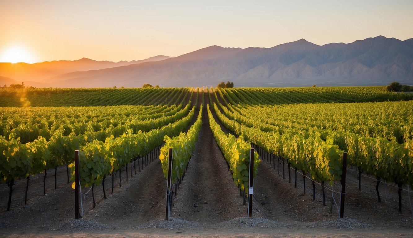 A picturesque vineyard in Nevada, with rows of unique grape varietals stretching into the distance. The sun sets behind the mountains, casting a warm glow over the rolling hills