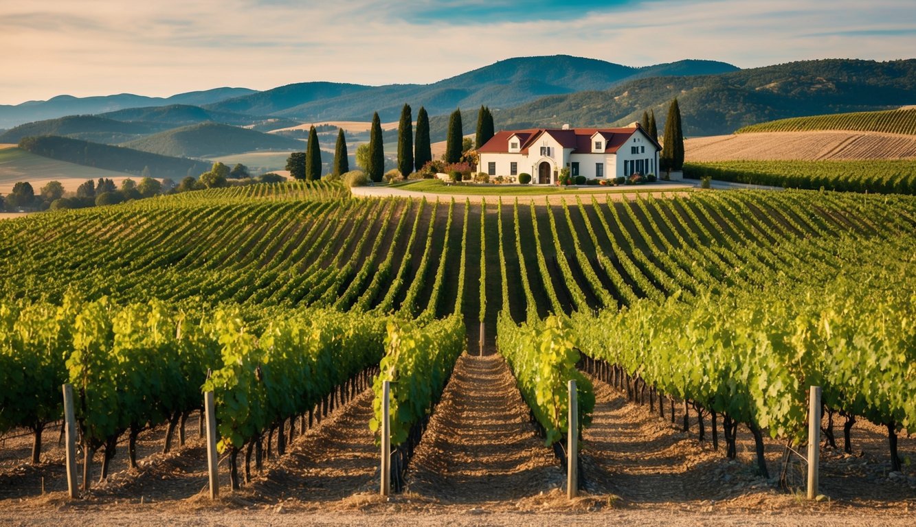 Vineyard landscape with rolling hills, rows of grapevines, and a charming winery building in the background