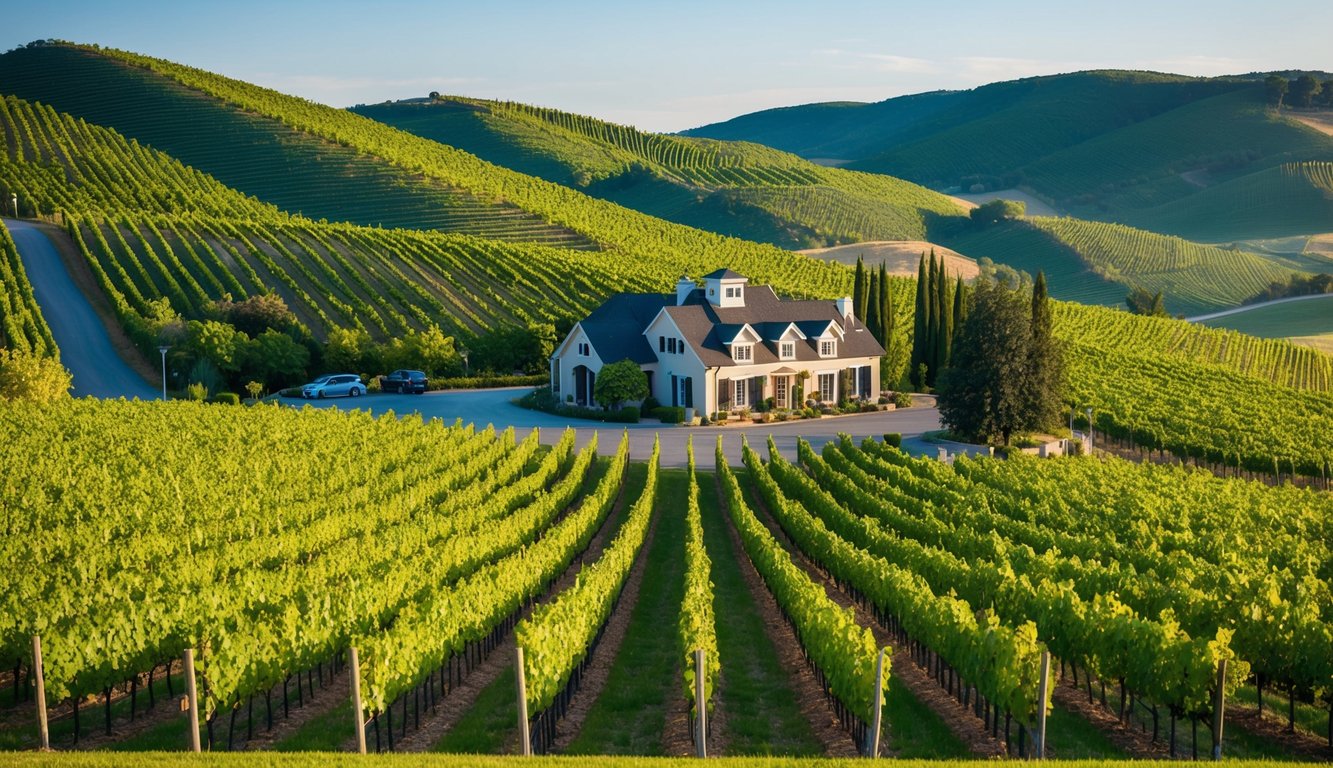 Rolling hills covered in vineyards, with rows of grapevines stretching into the distance. A charming winery sits nestled among the picturesque landscape, offering tours and tastings to visitors