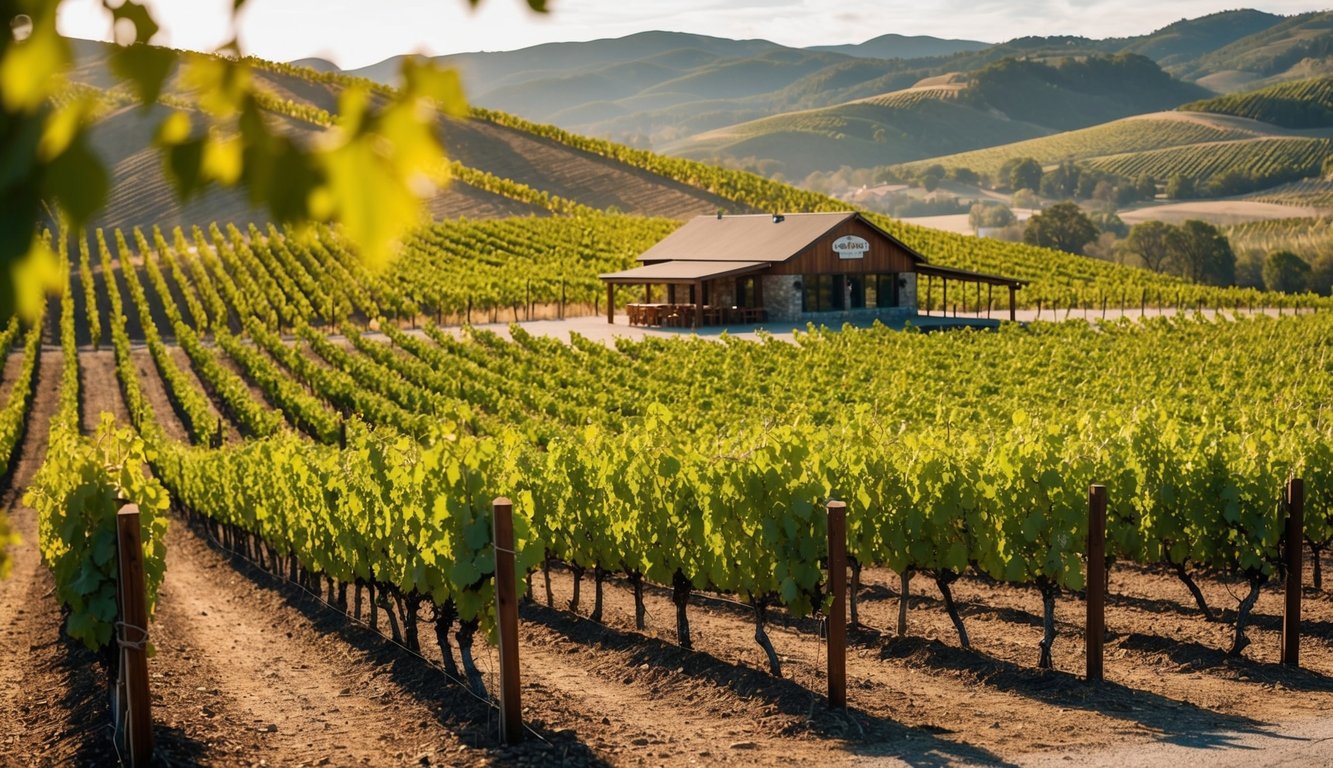 Vineyard landscape with rolling hills, rows of grapevines, and a rustic tasting room