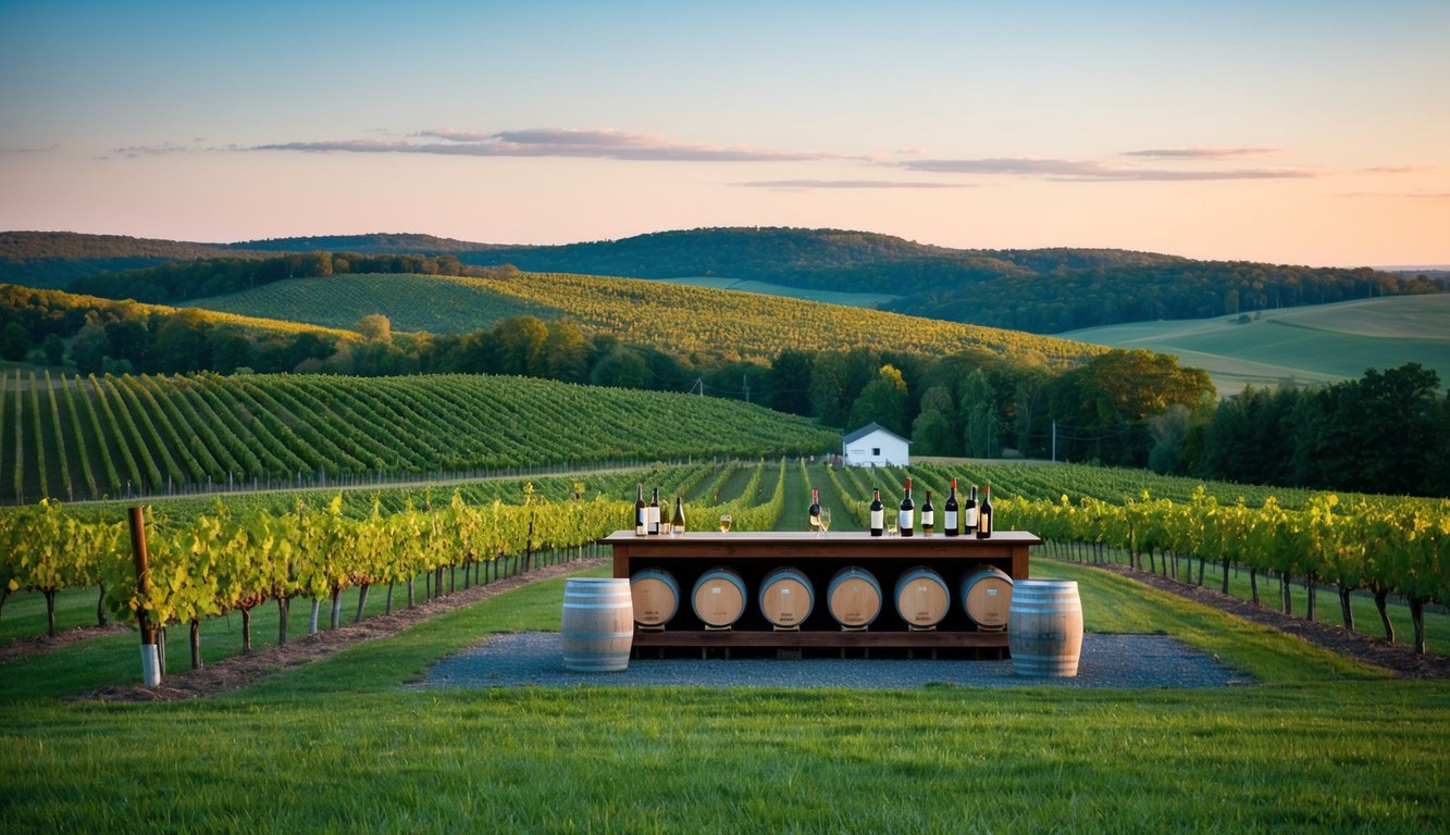 Vineyards in upstate New York, rolling hills, grapevines, and a rustic tasting room with barrels and bottles