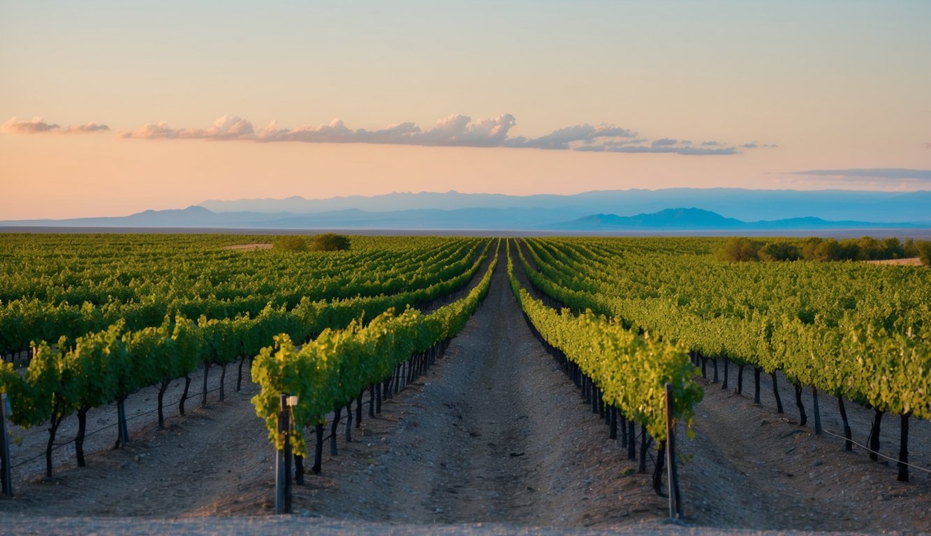 Vineyards nestled in the New Mexico desert, with rows of grapevines stretching towards the horizon under a clear blue sky