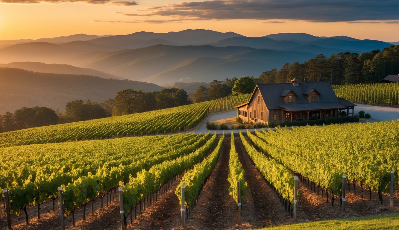 Rolling vineyard hills under a golden sunset, with rows of grapevines leading to a rustic winery nestled in the mountains of North Carolina