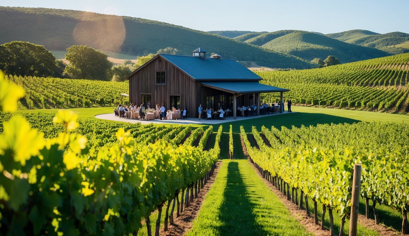 Lush vineyards with rolling hills, a rustic winery building, and guests enjoying wine tastings on a sunny day in New York