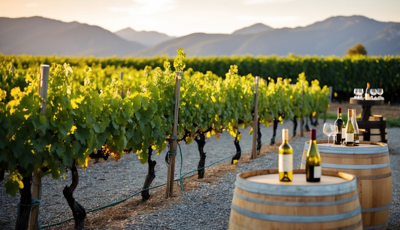 Vineyard with rows of grapevines, mountains in the distance, and a rustic wine tasting area with barrels and wine bottles on display