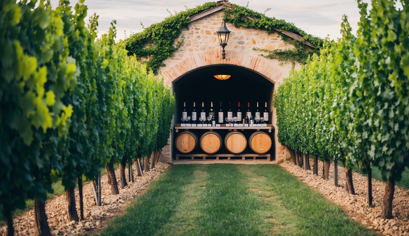 Lush vineyards surround a rustic cellar entrance, with rows of wine barrels and tasting tables inside