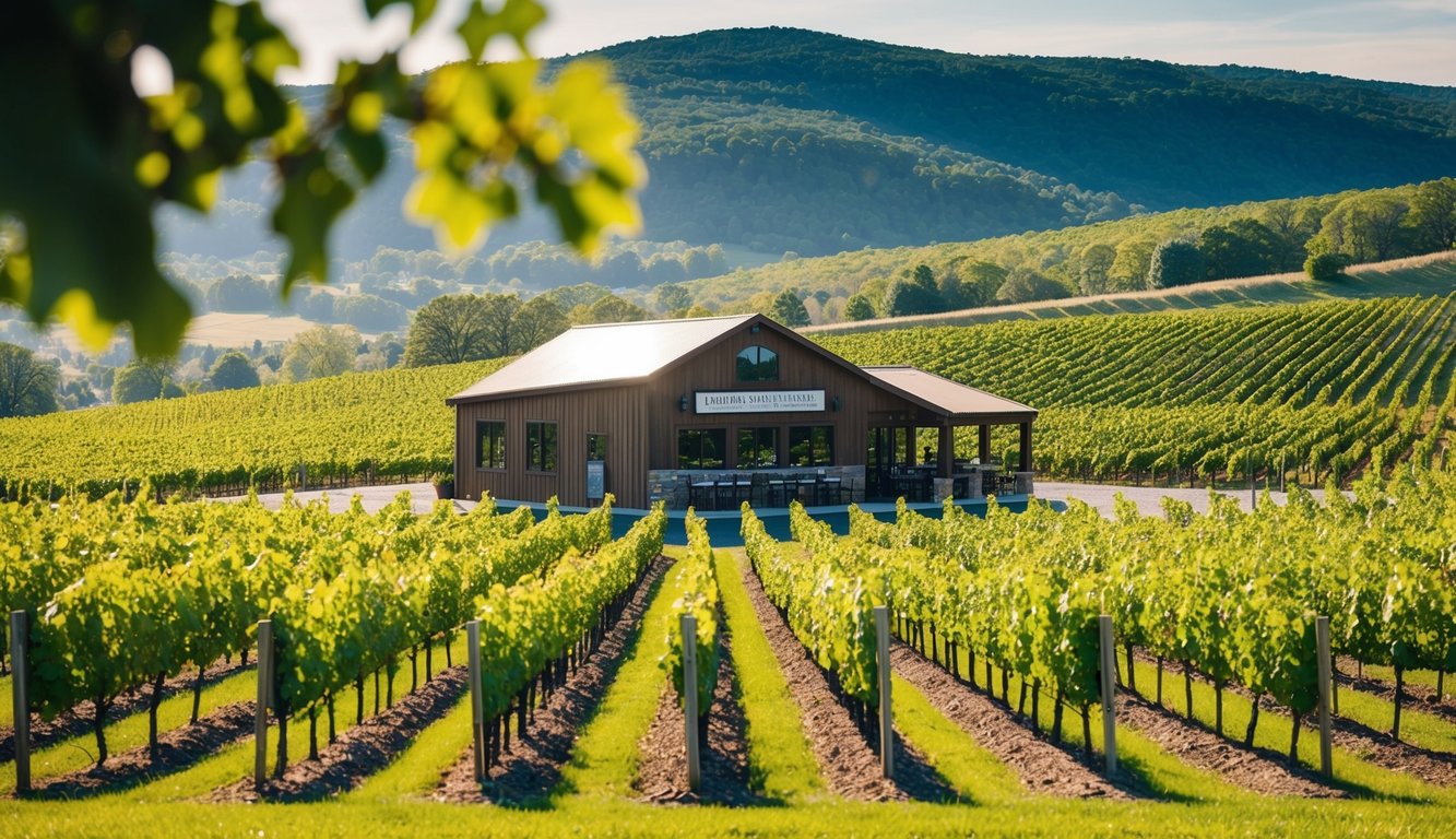 A vineyard in upstate New York, with rolling hills, rows of grapevines, and a rustic tasting room surrounded by lush greenery