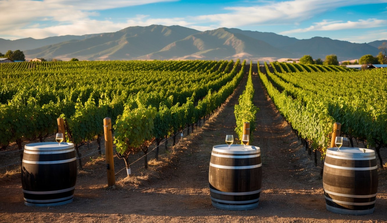 Vineyard in Santa Fe, New Mexico. Rows of grapevines with mountains in the background. Wine barrels and tasting tables set up for the festival