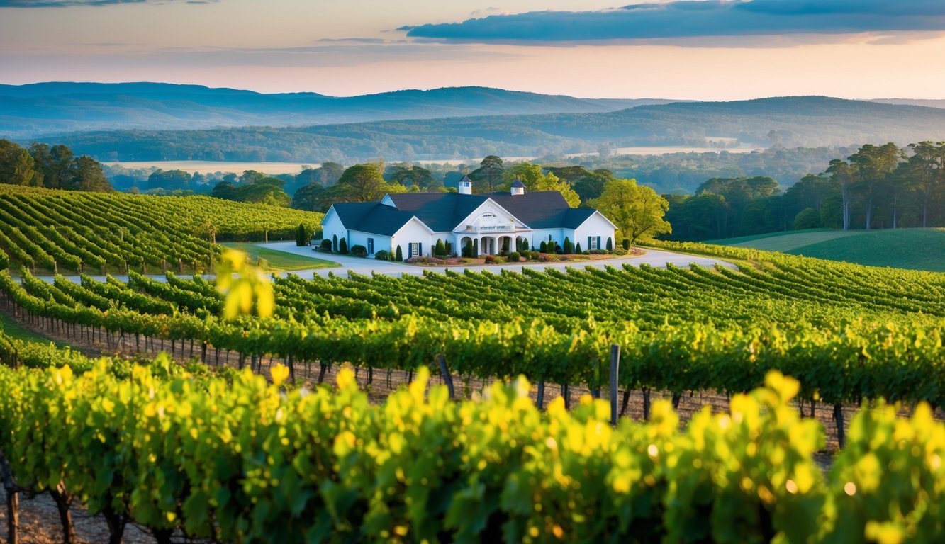 Lush vineyards with rolling hills, grapevines, and a picturesque winery set against a backdrop of the North Carolina countryside