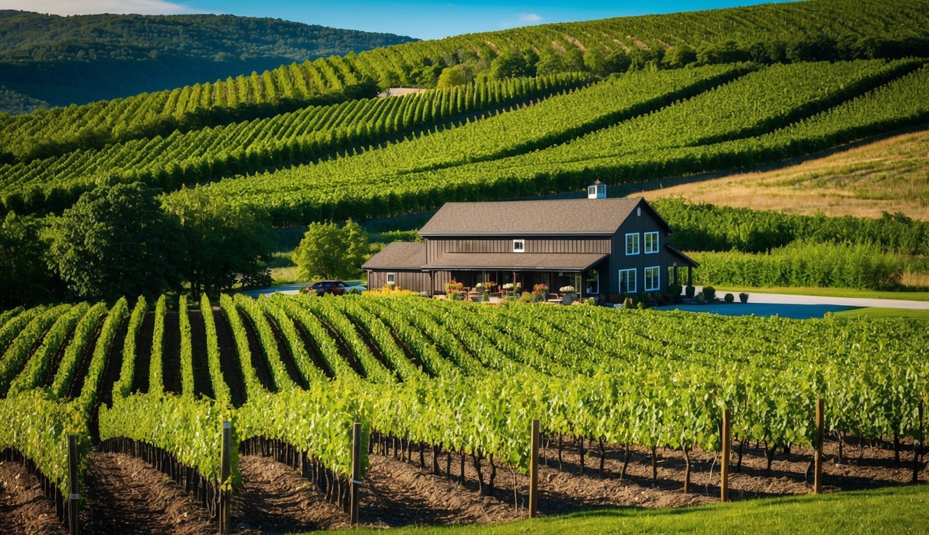 Rolling hills of vineyards in the Finger Lakes, with rows of grapevines stretching into the distance. A rustic winery nestled among the lush greenery, offering tastings and tours