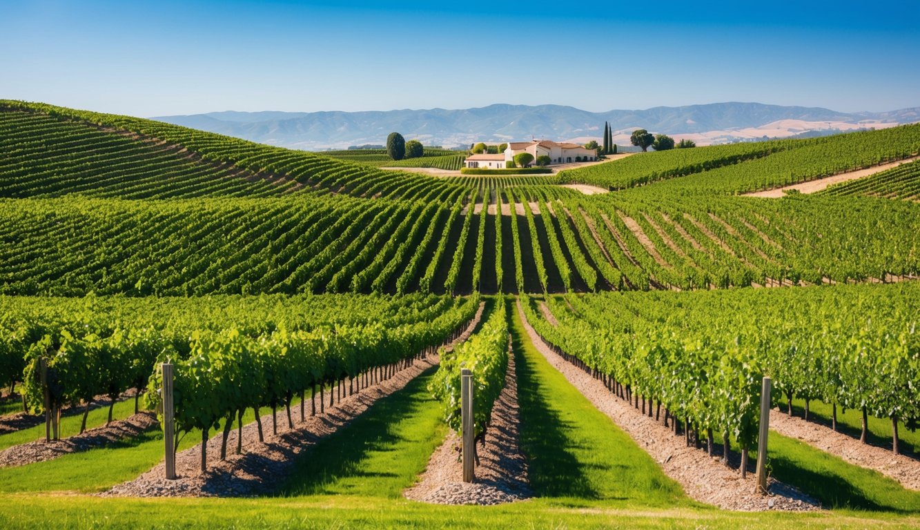 Rolling hills covered in vineyards, with rows of grapevines stretching into the distance. A warm, sunny day with a clear blue sky, and a winery in the background