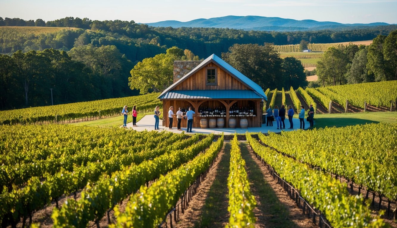 A picturesque vineyard with rows of grapevines, a rustic tasting room, and a group of visitors sampling wines in the scenic countryside of North Carolina