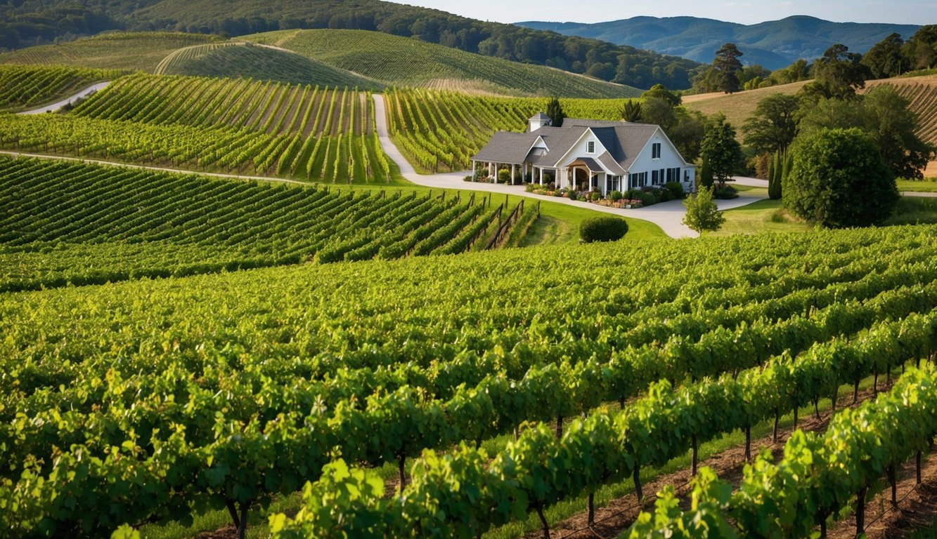 Lush vineyards sprawl across rolling hills, with rows of grapevines stretching into the distance. A quaint winery beckons visitors with a rustic charm