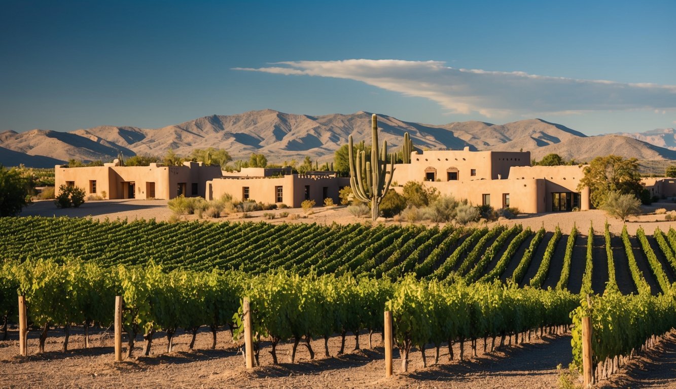 Vineyard nestled in the high desert, with adobe buildings and mountains in the background, showcasing the cultural significance of wine in New Mexico