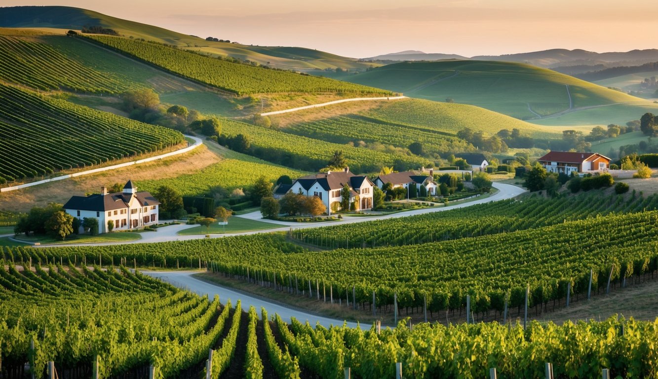 Rolling hills dotted with vineyards, quaint wineries, and winding country roads. A serene landscape with lush greenery and picturesque views