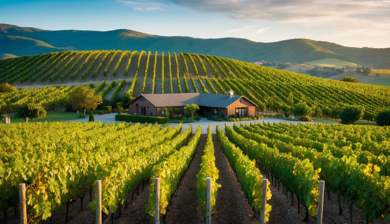 Lush vineyards stretch across rolling hills, with rows of grapevines heavy with fruit. A rustic winery sits nestled among the greenery, inviting visitors to explore and sample the diverse wine varieties