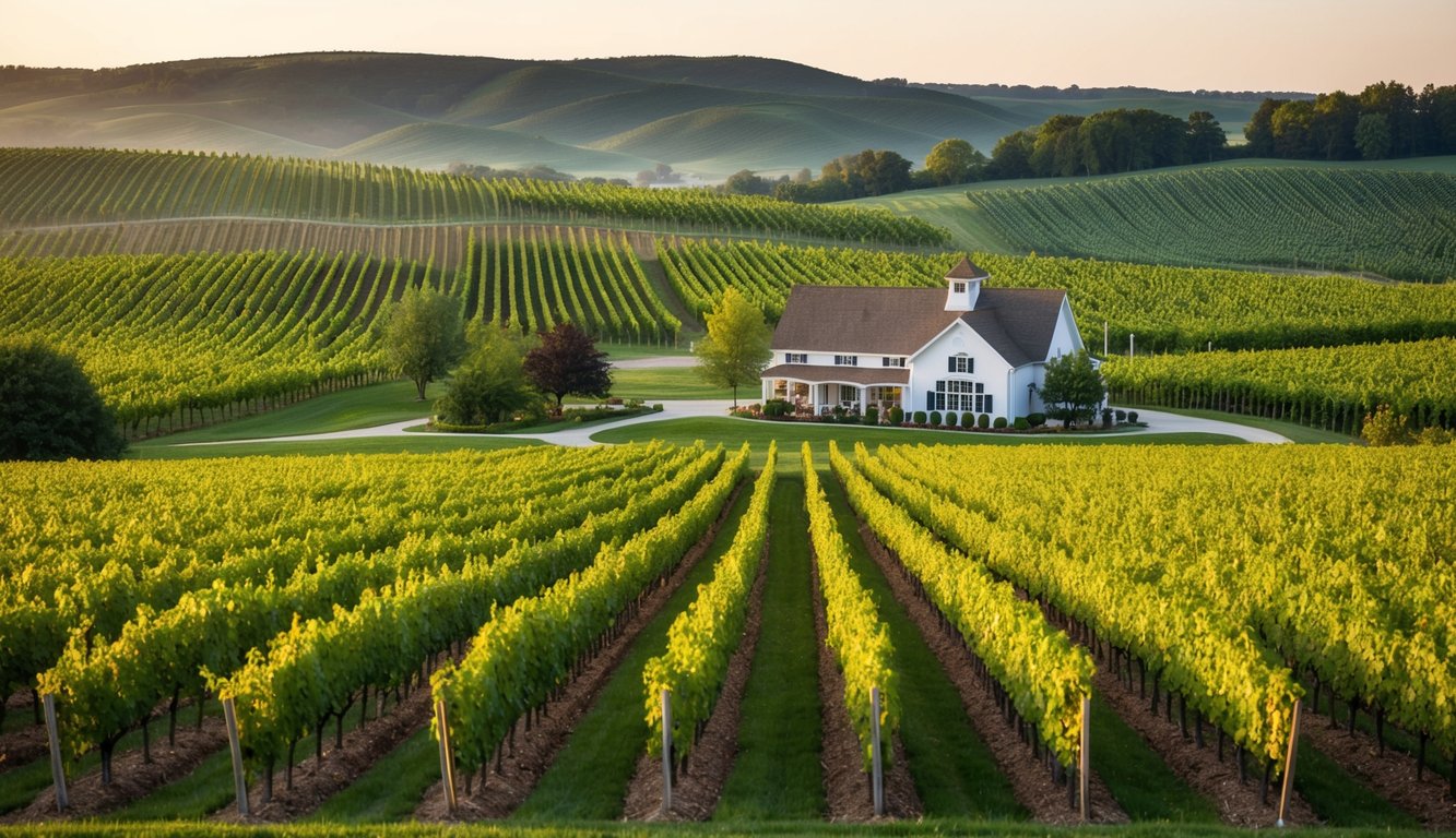 Lush vineyards sprawl across rolling hills in Ohio, with rows of grapevines stretching into the distance. A charming winery sits nestled among the greenery, offering tours and tastings