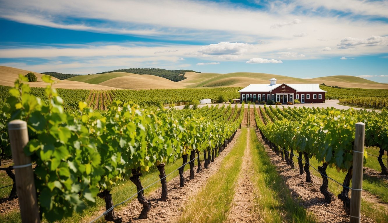 Vineyard in North Dakota with rolling hills, rows of grapevines, and a quaint tasting room