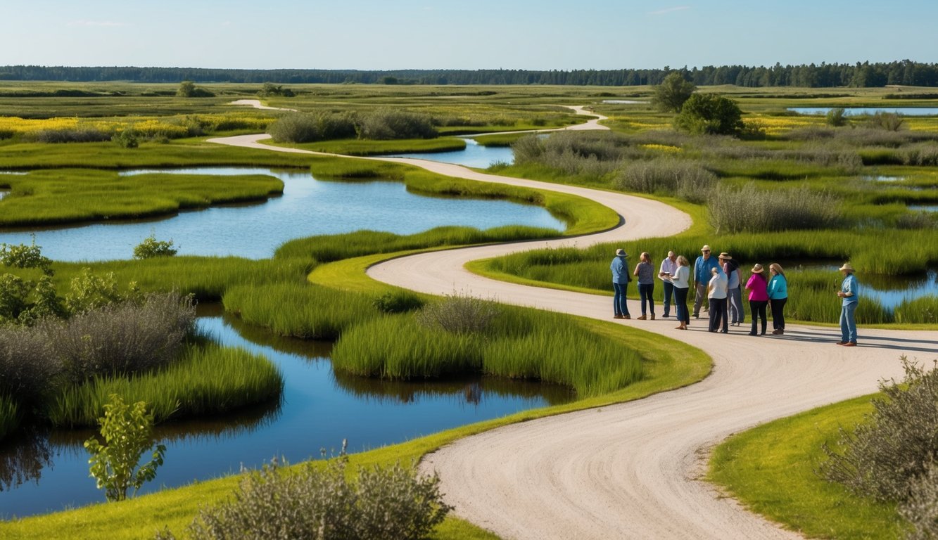 A serene wetland with winding paths, lush vegetation, and peaceful ponds. A tour group enjoys wine tastings amid the natural beauty of North Dakota