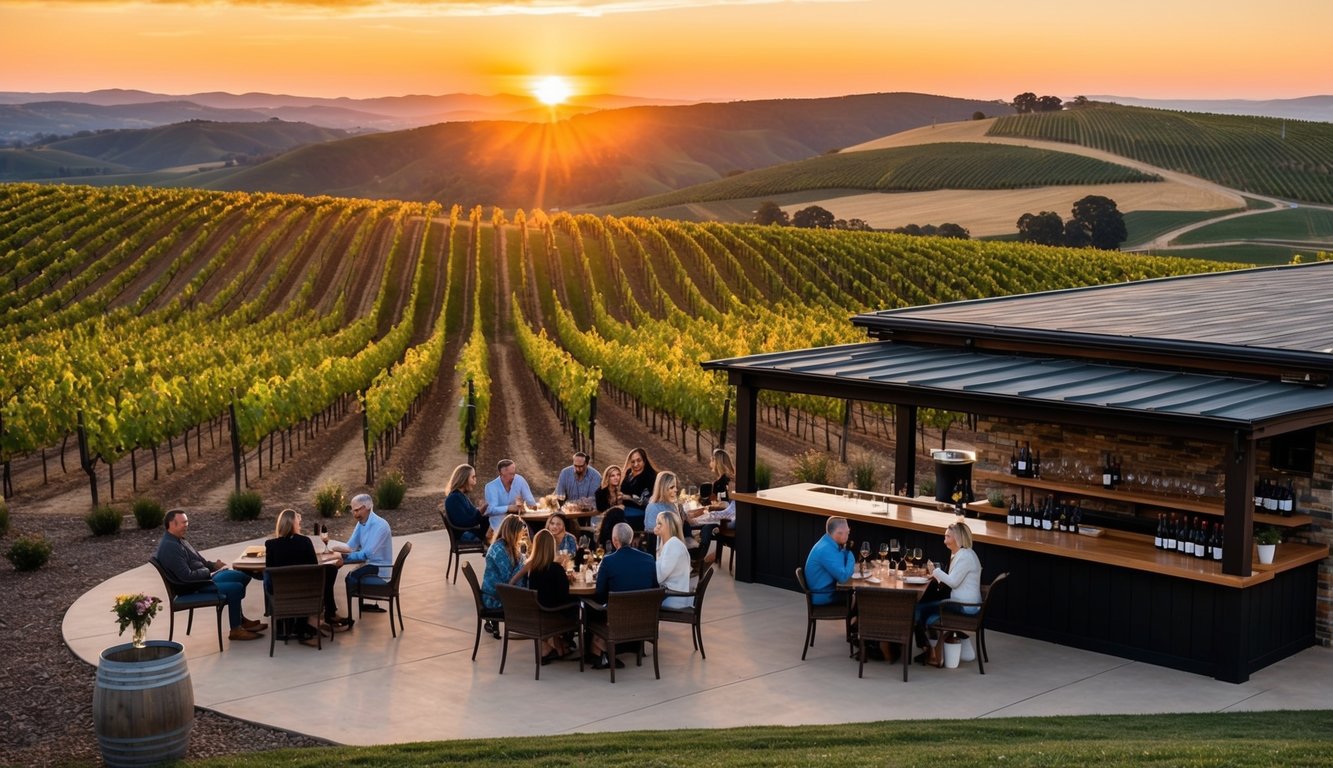 Rolling hills of vineyards under a golden sunset. A rustic winery with outdoor seating and a tasting bar. Guests sipping wine while chatting and enjoying the serene atmosphere