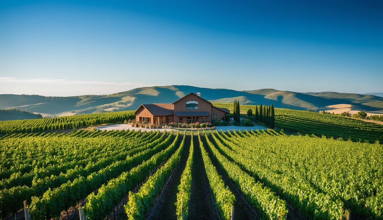 Rolling hills of lush vineyards under a clear blue sky, with rows of grapevines leading to a rustic winery and tasting room