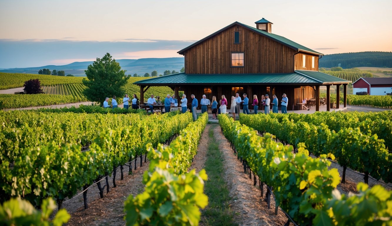 Vineyard landscape with rows of grapevines, a rustic winery building, and a tour group sampling wine in North Dakota