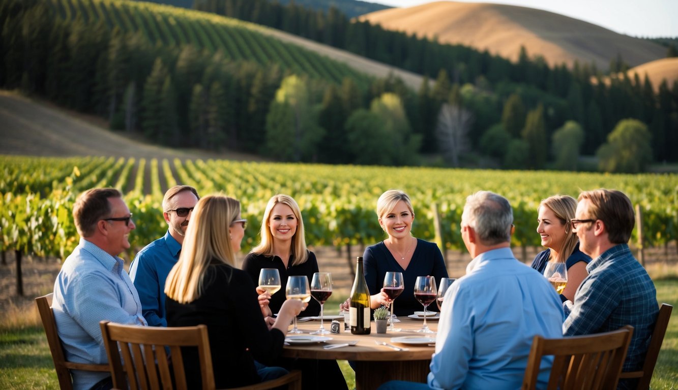 A group of people enjoy wine tastings at Maple River Winery, surrounded by rolling hills and vineyards in North Dakota