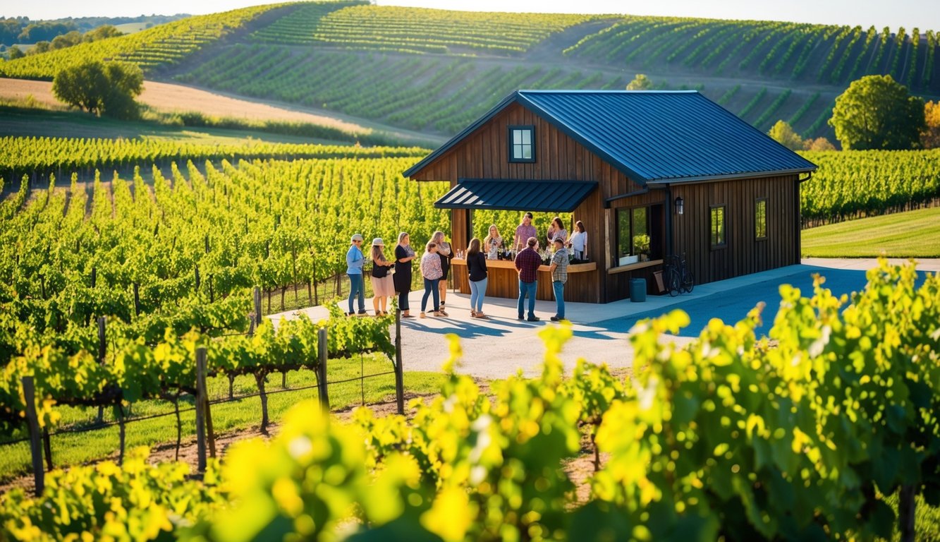 A sunny vineyard with rolling hills and rows of grapevines, a rustic tasting room, and a group of visitors enjoying a wine tour in Ohio