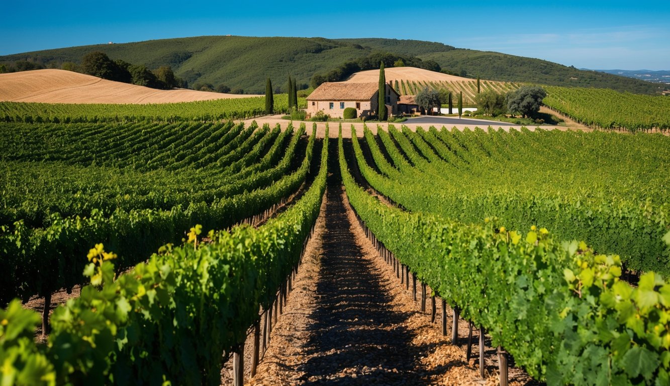 Rolling vineyard hills under a clear blue sky, with rows of grapevines stretching into the distance and a rustic winery nestled among the greenery