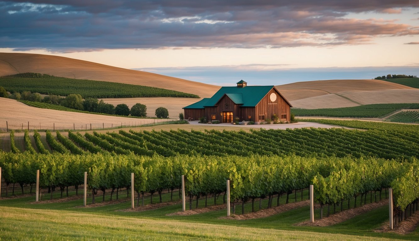 Rolling hills, vineyards, and a rustic winery building nestled in the North Dakota countryside