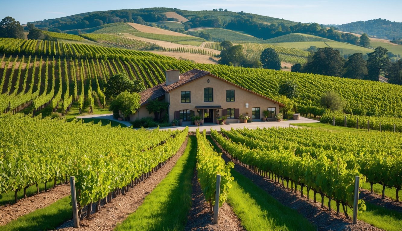 Vineyard with rolling hills, rows of grapevines, and a rustic winery building nestled among the lush greenery