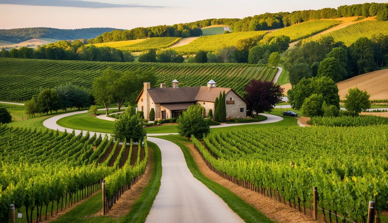 Rolling hills dotted with vineyards, a rustic winery nestled among trees, and a winding road leading to wine tastings in Ohio's scenic wine regions