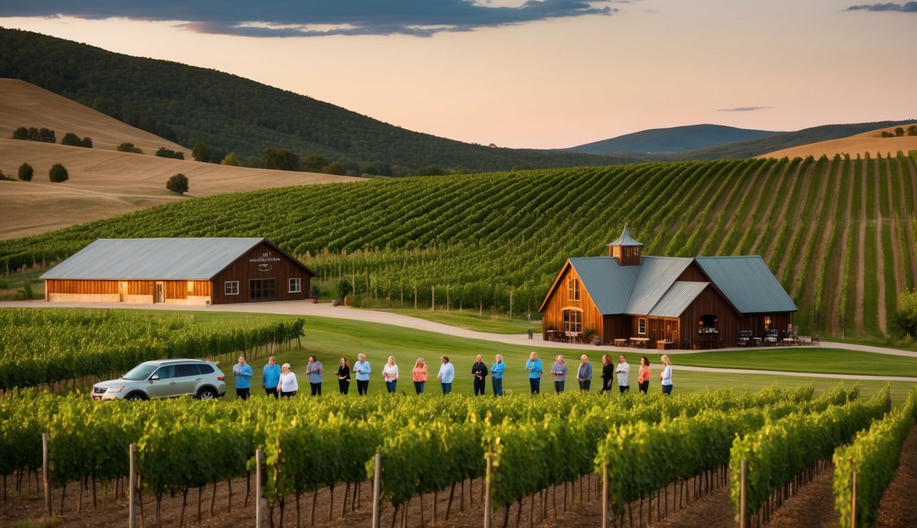 Rolling hills with vineyards, a rustic winery, and a tour group sampling wine in North Dakota