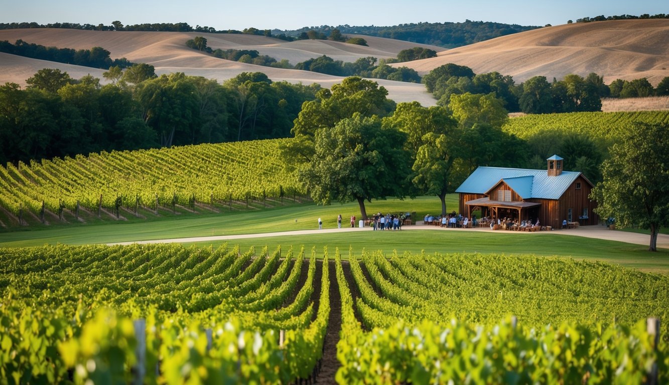 Rolling vineyard hills in Oklahoma with rows of grapevines stretching into the distance, a rustic winery nestled among the trees, and visitors enjoying wine tastings and tours