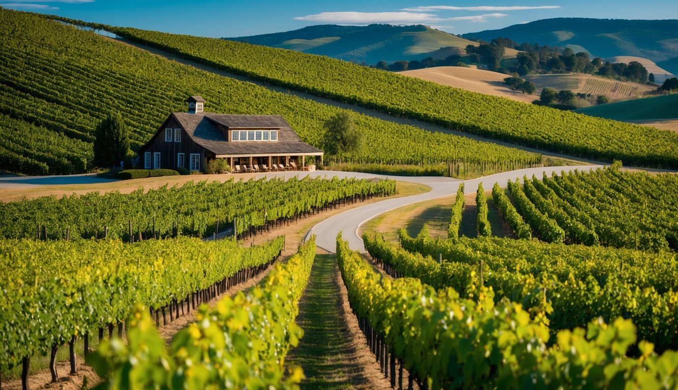 Rolling hills lined with vineyards, a rustic winery nestled among the grapevines, and a winding road leading to the next tasting room