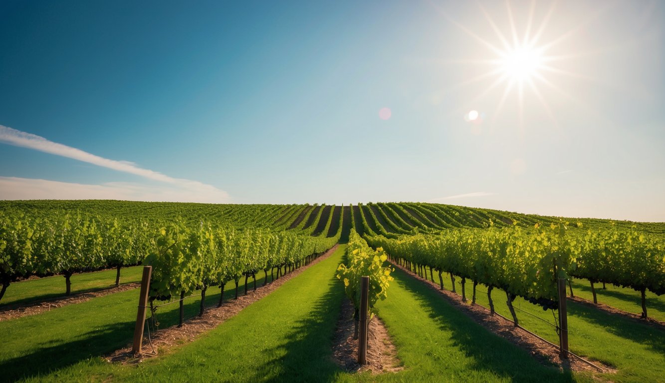 Rolling vineyard hills under a sunny Oklahoma sky, with rows of grapevines stretching into the distance. A gentle breeze carries the scent of ripe fruit