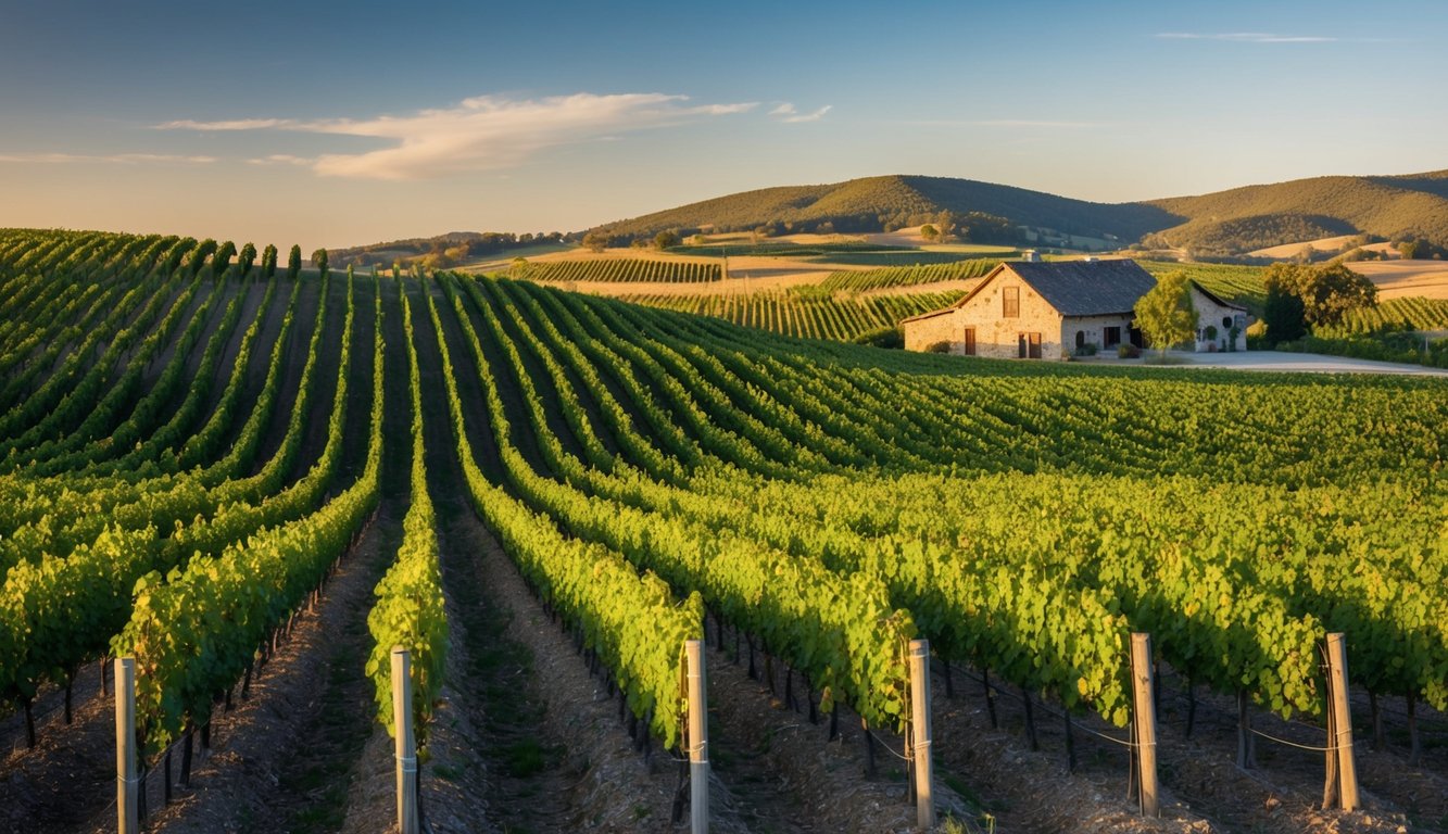 Rolling hills of vineyards under a clear blue sky, with a rustic winery nestled in the background. A gentle breeze carries the scent of grapes through the air