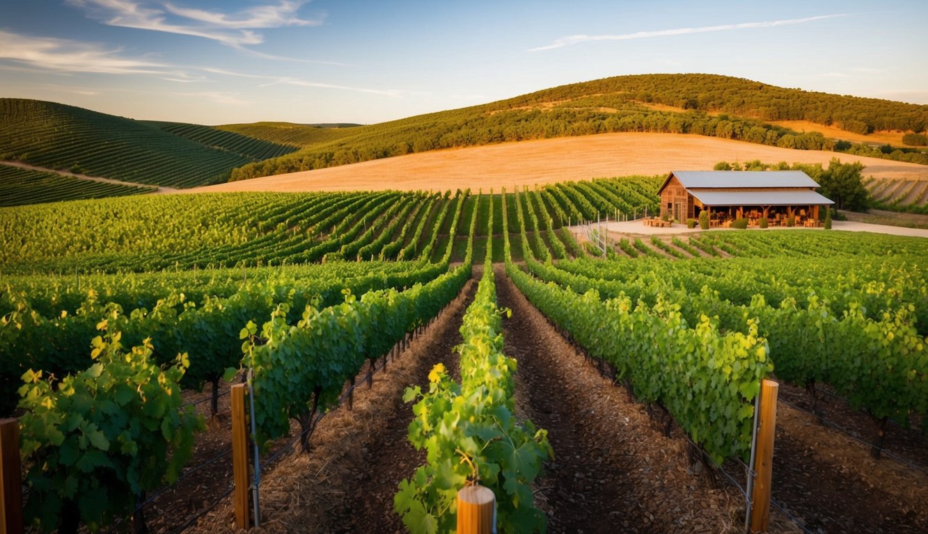 Vineyard with rolling hills, rows of grapevines, and a rustic tasting room nestled in the Oklahoma countryside