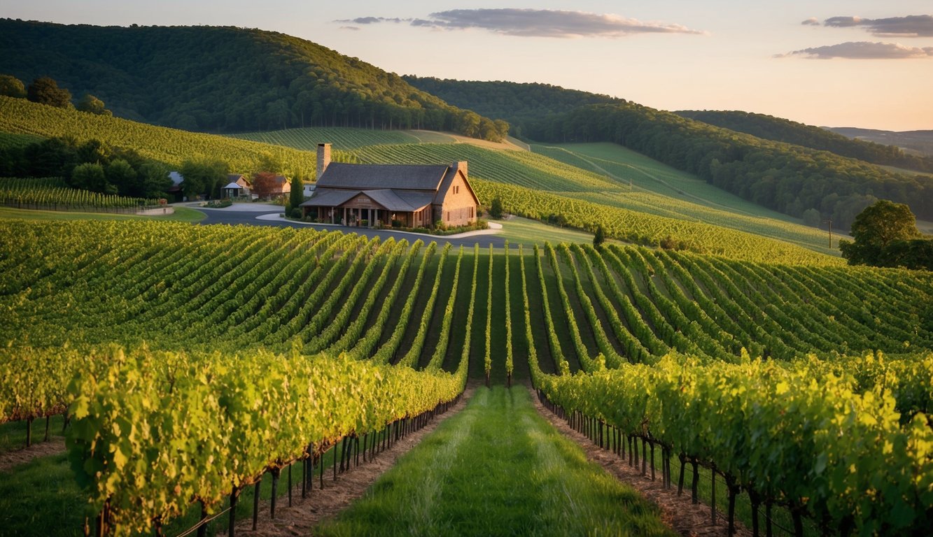 Lush vineyards stretch across rolling hills, with rows of grapevines leading to a rustic winery nestled in the Pennsylvania countryside