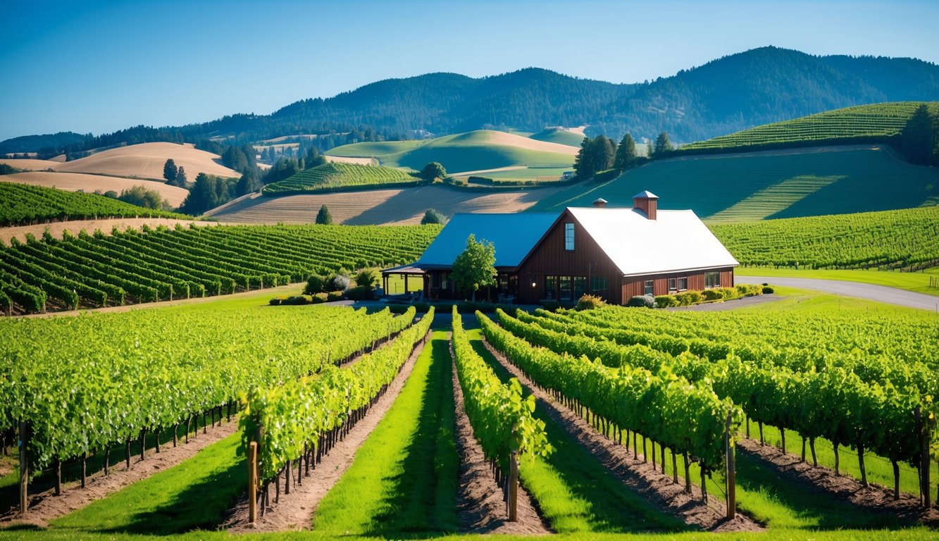 Rolling hills of vineyards under a clear blue sky, with rows of grapevines stretching into the distance. A rustic winery sits nestled among the lush greenery, inviting visitors to sample Oregon's finest wines