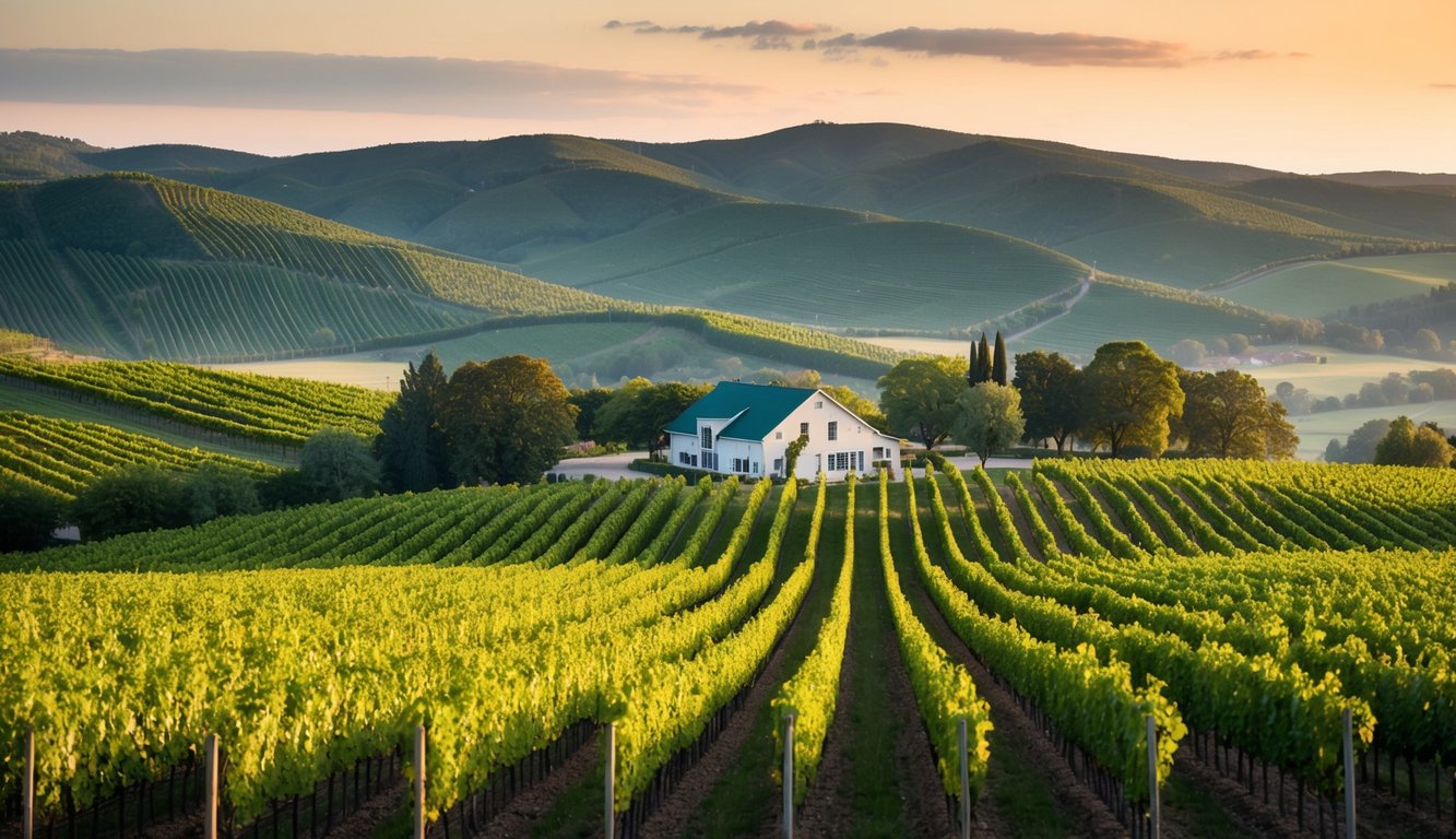 Rolling hills covered in lush vineyards with rows of grapevines stretching into the distance, a cozy winery nestled among the picturesque landscape