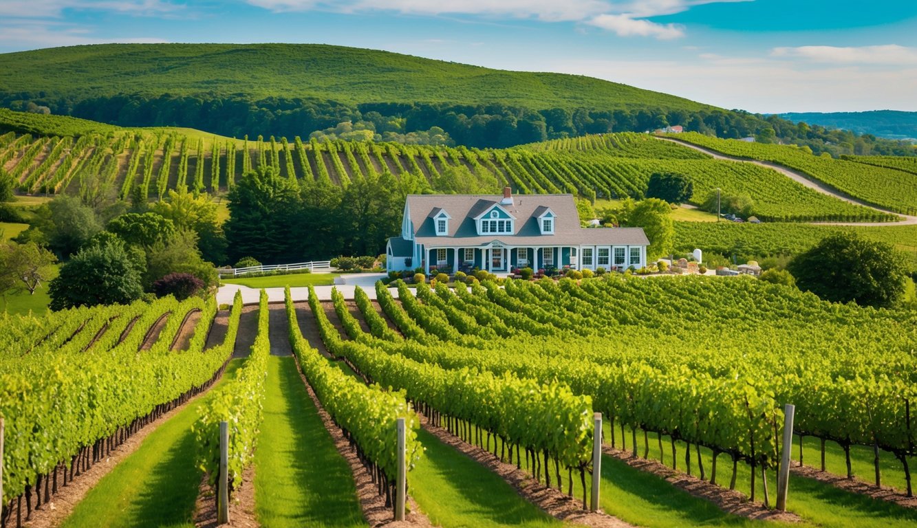 Lush vineyards overlook rolling hills in Rhode Island, with rows of grapevines stretching into the distance. A quaint winery sits nestled among the green landscape, inviting visitors to explore and taste