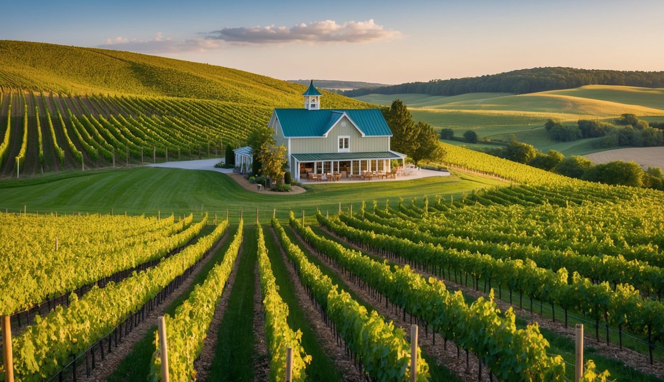 A picturesque vineyard with rolling hills, lush grapevines, and a charming tasting room nestled in the scenic Lehigh Valley