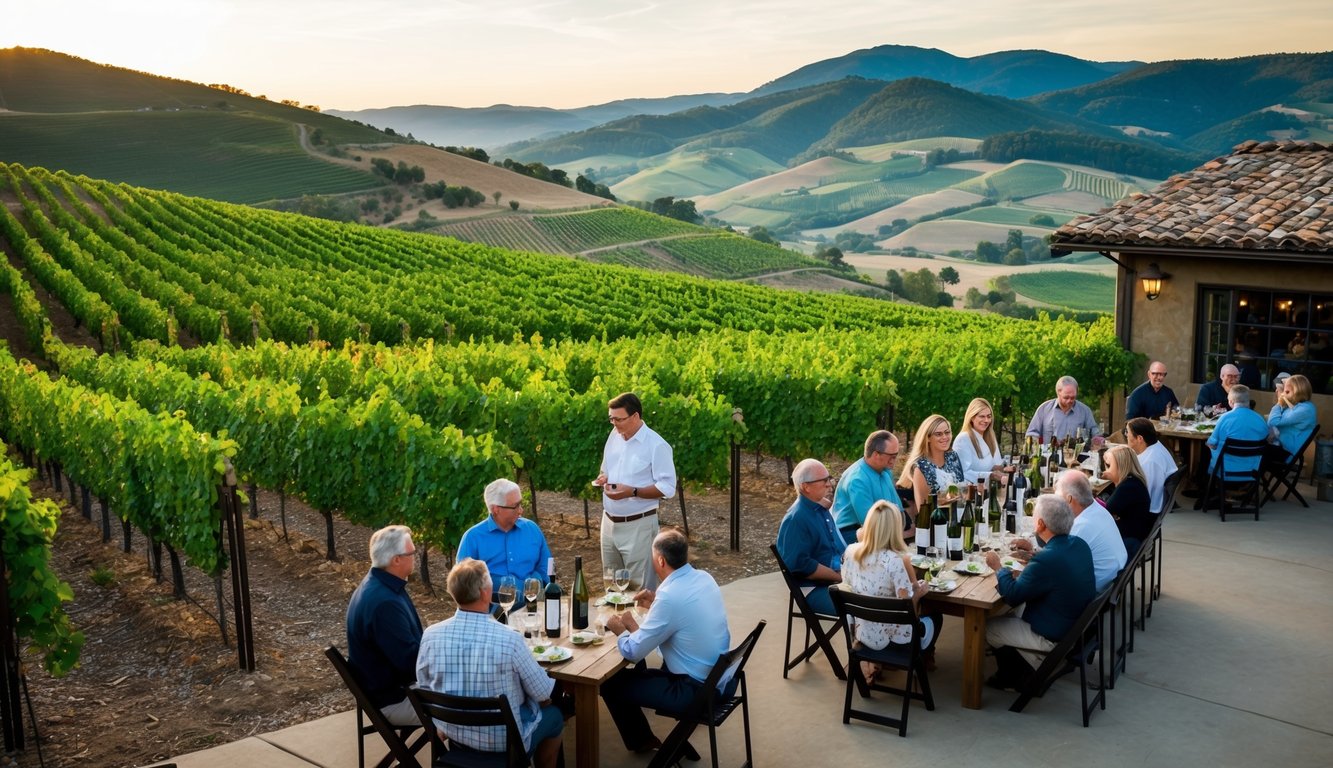 Lush vineyards and rolling hills surround a rustic winery. Guests sample wines at outdoor tables with views of the valley