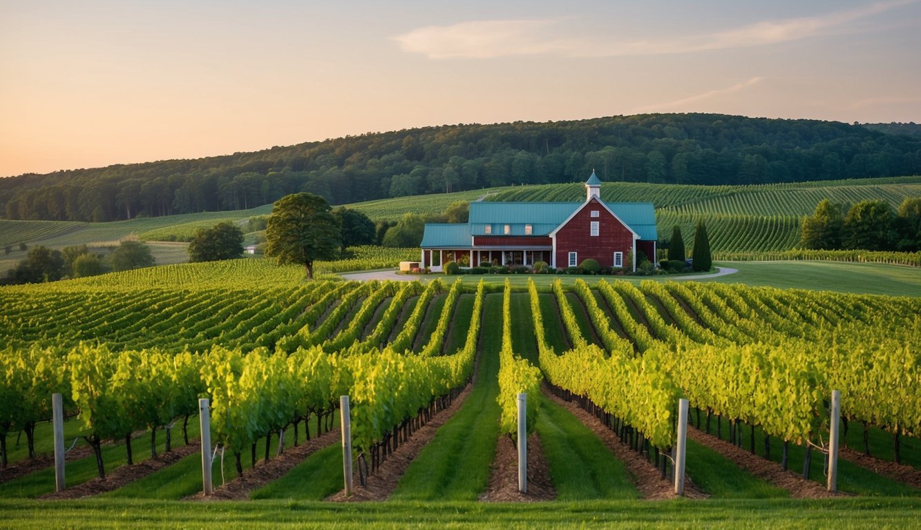 Lush vineyard with rolling hills, grapevines, and a rustic winery building nestled in the Rhode Island countryside