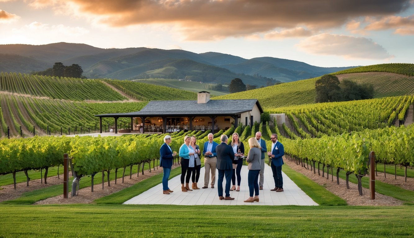 Rolling hills of vineyards, a rustic winery, and a tour group sampling wines in a tasting room