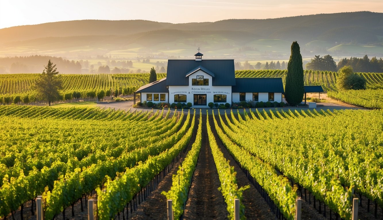 Rolling hills of vineyards stretch to the horizon, with rows of grapevines basking in the warm Oregon sun. A charming winery beckons visitors for tastings and tours